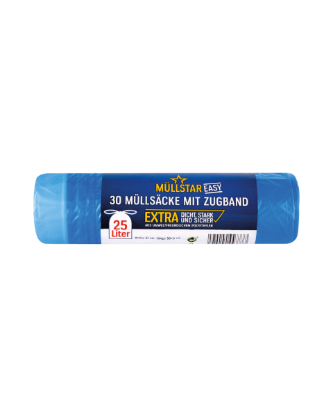 muellstar easy Muellsaecke 25 Liter, mit Zugband, extra dicht, stark und sicher, blau transparent, 47 mal 50 plus5 cm, aus Polyethyle, 30 Stueck